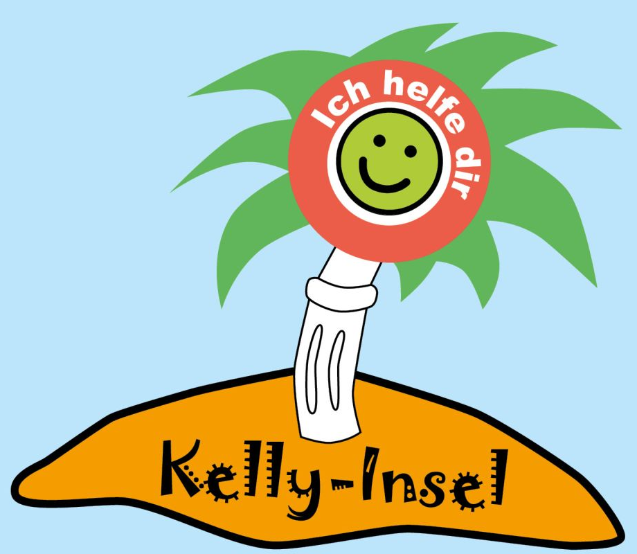 Das Bild zeigt das Logo der Kelly-Insel. Eine Insel mit Palme und einem lächelnden Gesicht. Das Gesicht wird umfasst vom Satz: